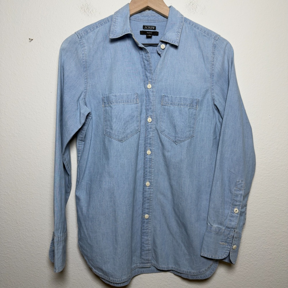 J. Crew Women Classic Button Down Denim Chambray Shirt Top 0 Blue Preppy Western
